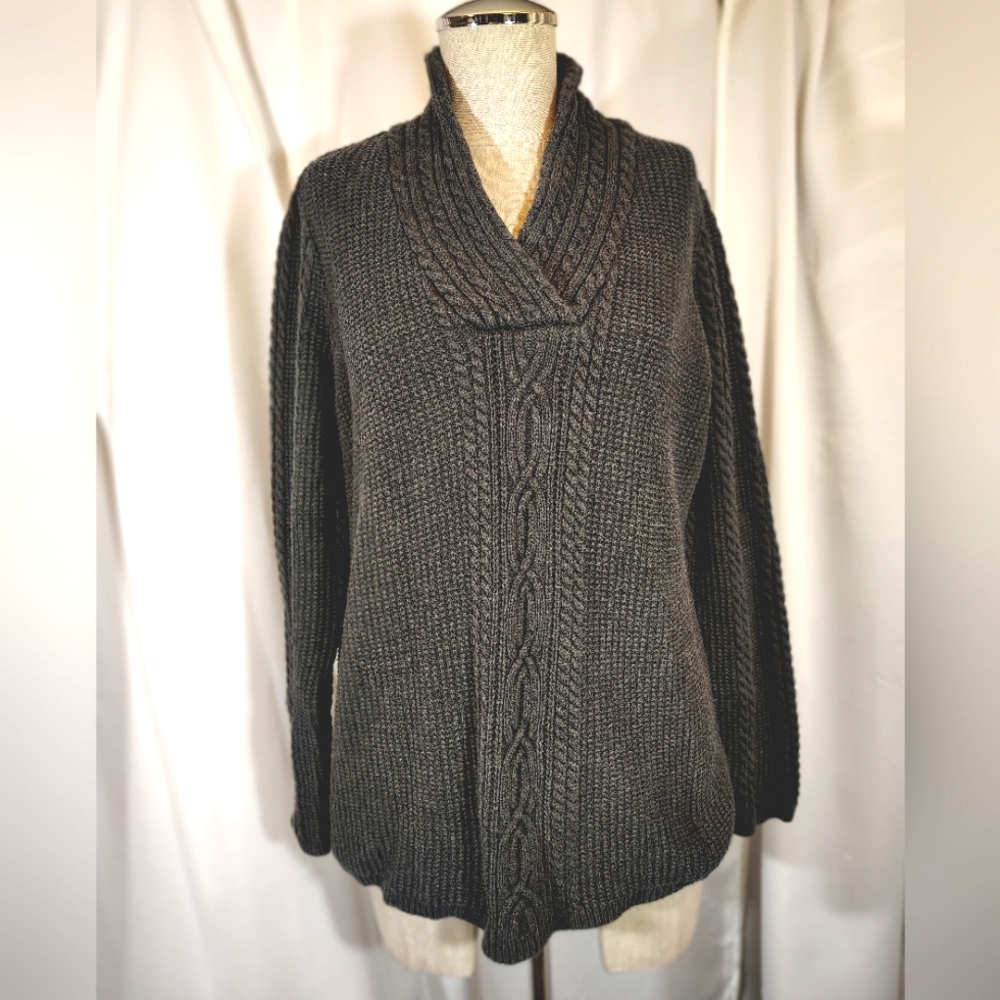 Nautica V-Neck Sweater, Women, Gray, Cable Knit, Cotton, Chunky, High Neck, XL